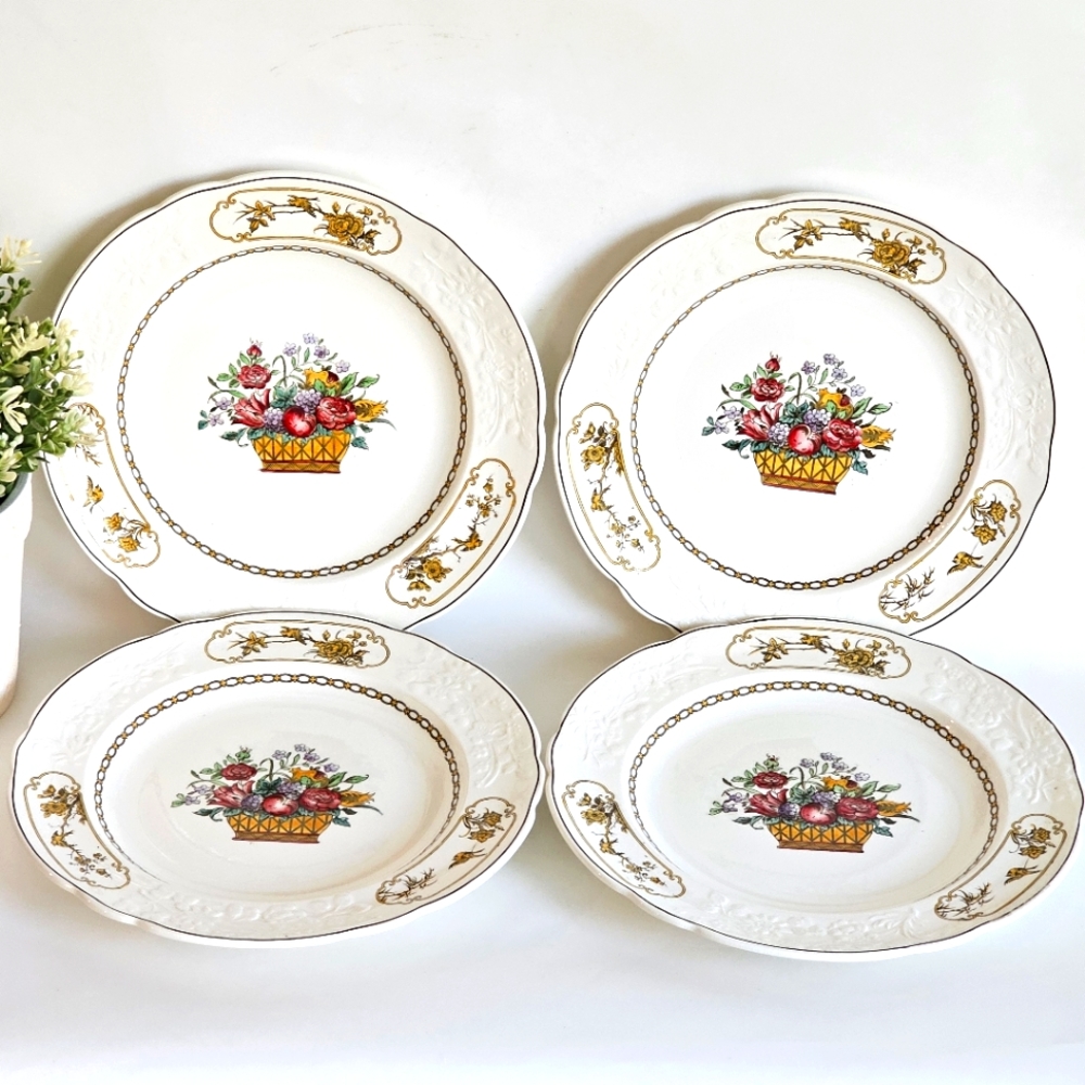 Antique Copeland Spode England Luncheon Plates Set 4 Floral Basket Gold Rim 9”